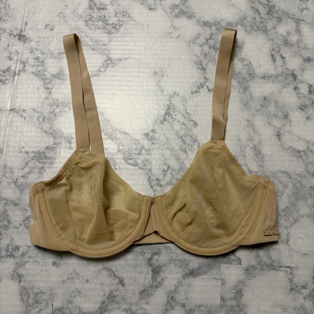 SKIMS Beige Sheer Mesh Underwire Unlined Bra 32C Adjustable